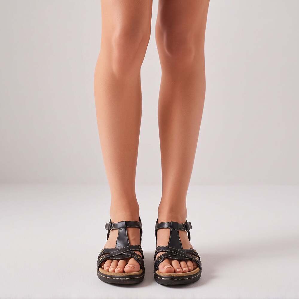 Clarks Collection Women's Black Leather T-Strap Comfort Sandals